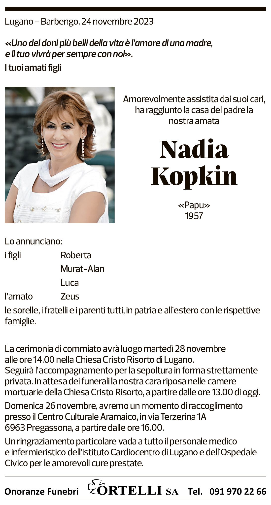 Annuncio funebre Nadia Kopkin