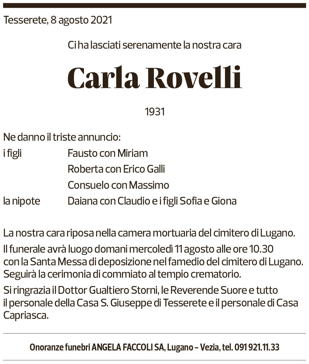 Annuncio funebre Carla Rovelli