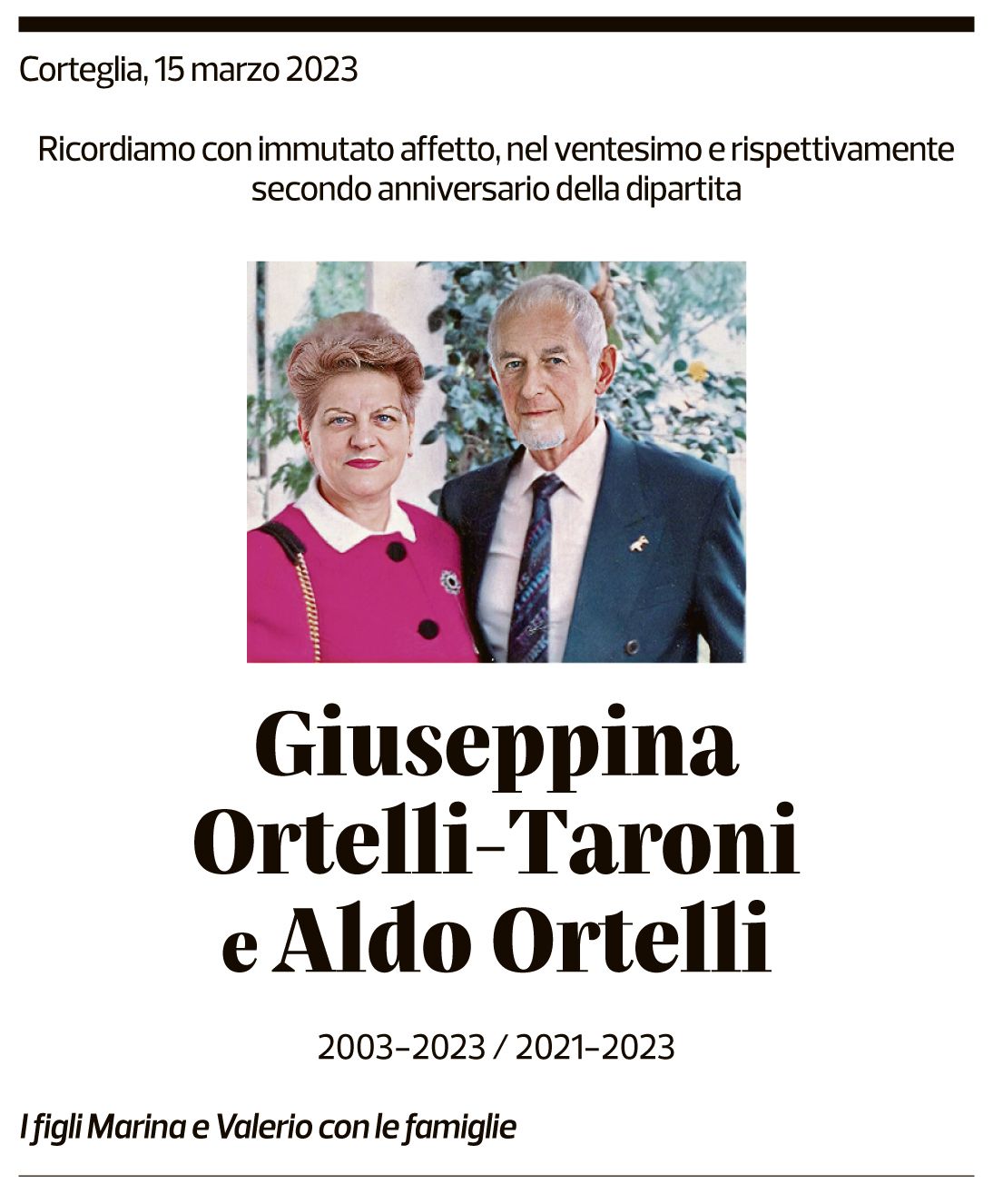 Annuncio funebre Giuseppina Ortelli-taroni Aldo Ortelli