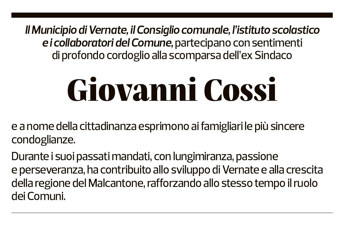 Annuncio funebre Giovanni Cossi