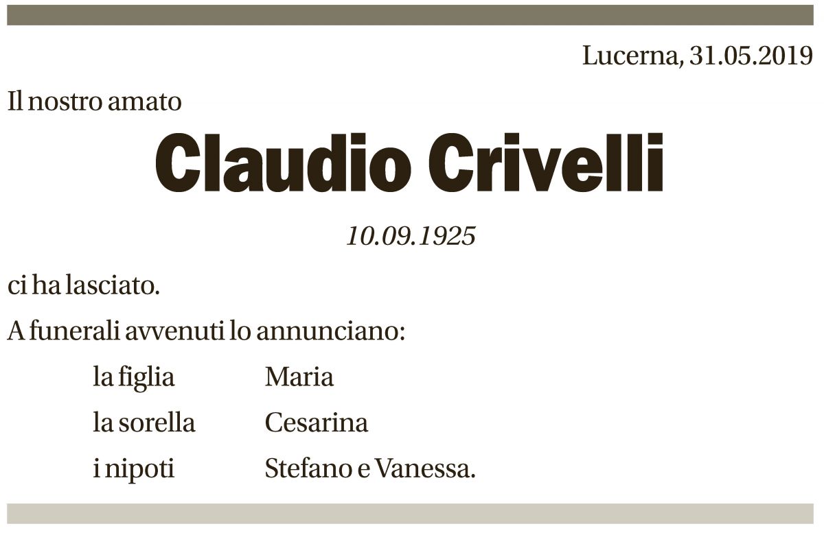 Annuncio funebre Claudio Crivelli