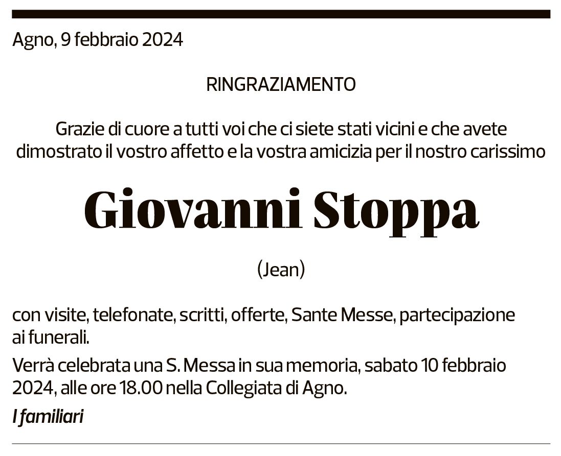 Annuncio funebre Giovanni Stoppa