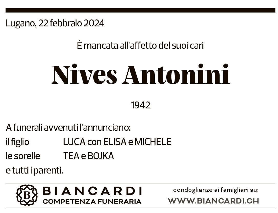 Annuncio funebre Nives Antonini