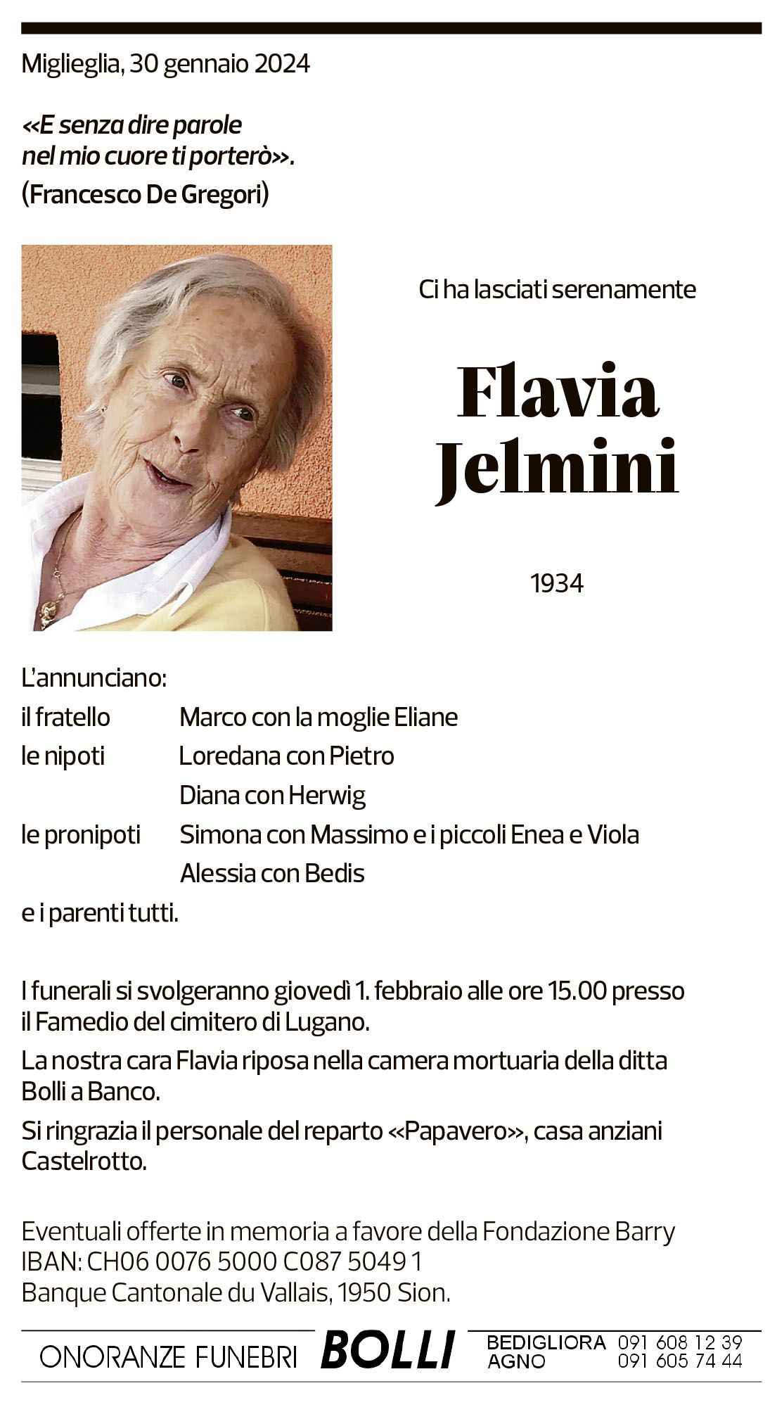 Annuncio funebre Flavia Jelmini