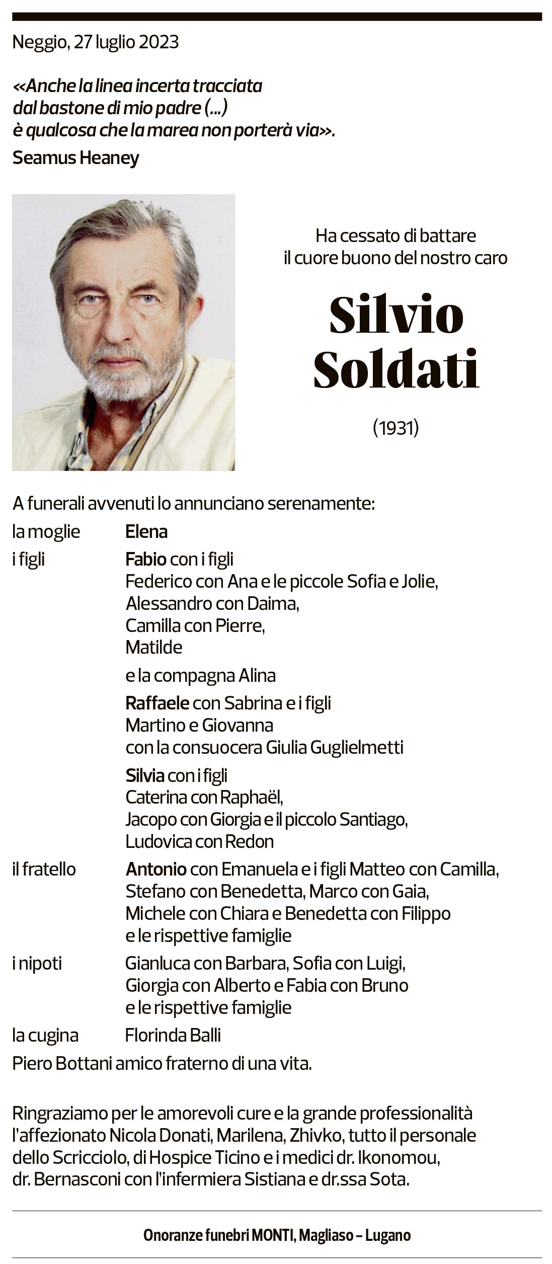 Annuncio funebre Silvio Soldati