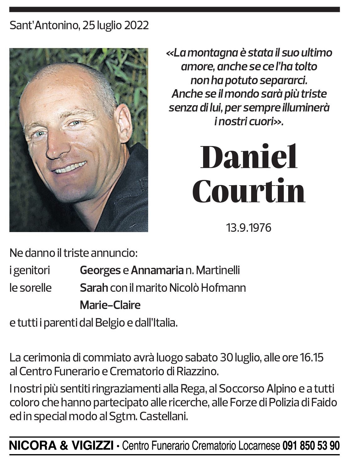 Annuncio funebre Daniel Courtin