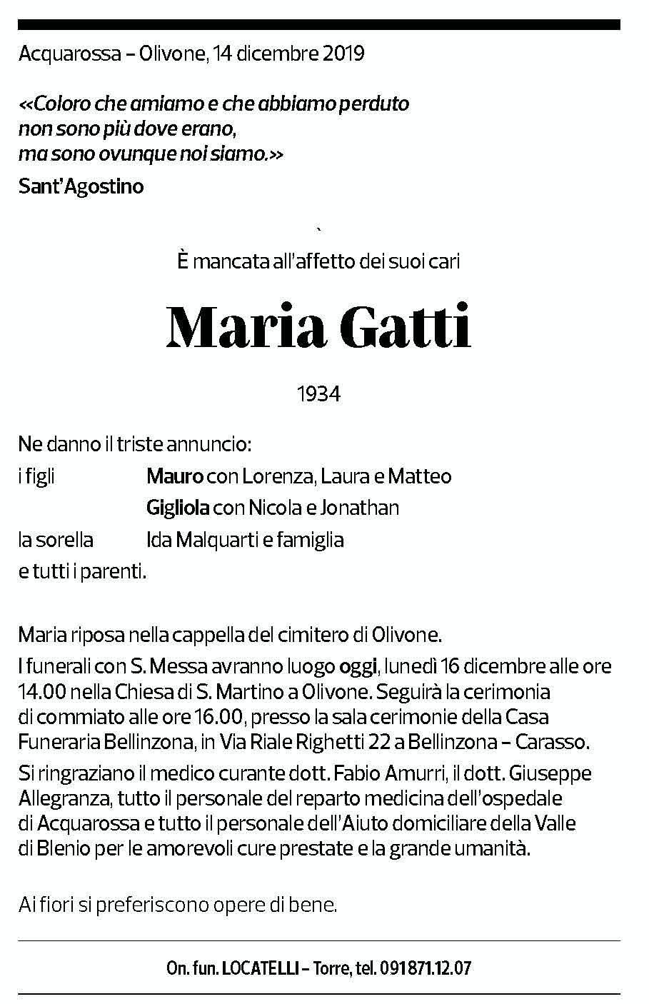 Annuncio funebre Maria Gatti