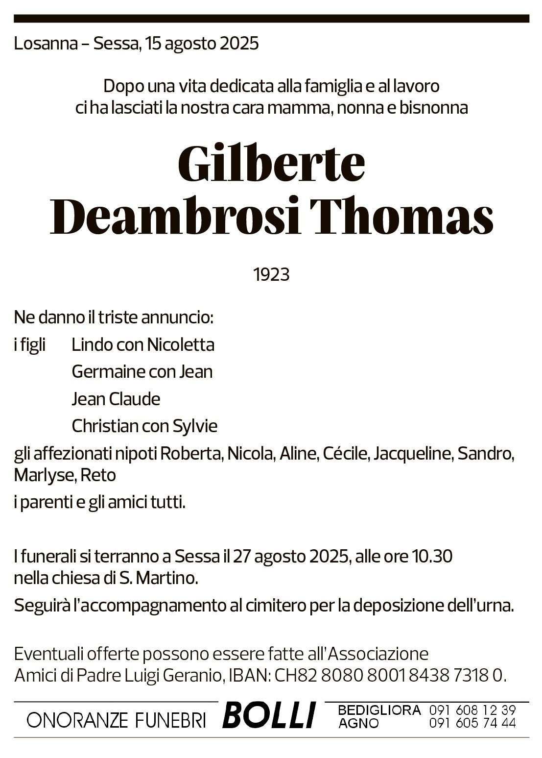 Annuncio funebre Gilberte Deambrosi Thomas