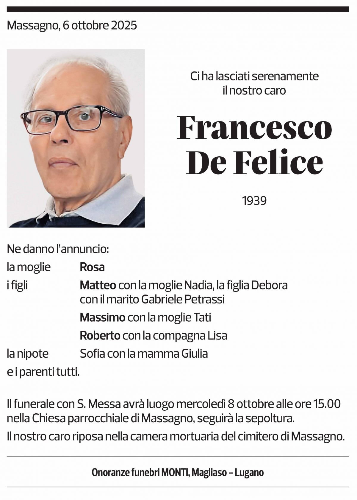 Annuncio funebre Francesco De Felice