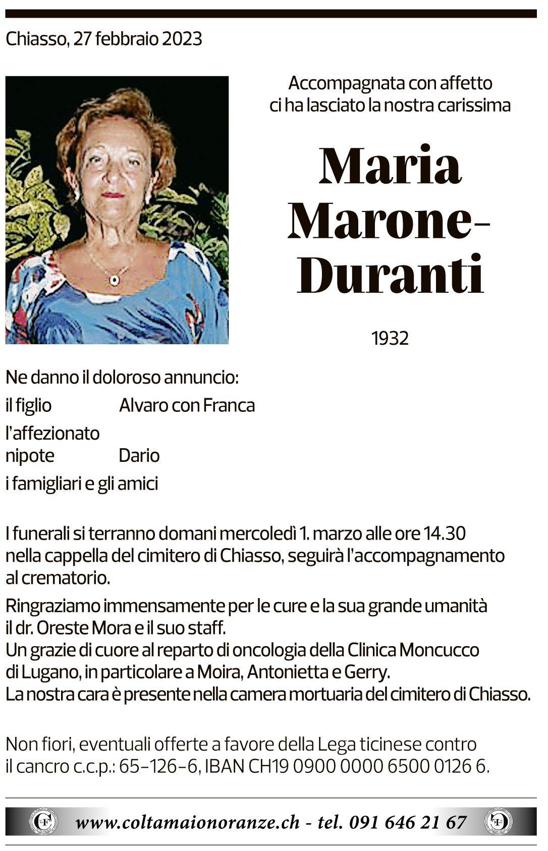 Annuncio funebre Maria Marone-duranti