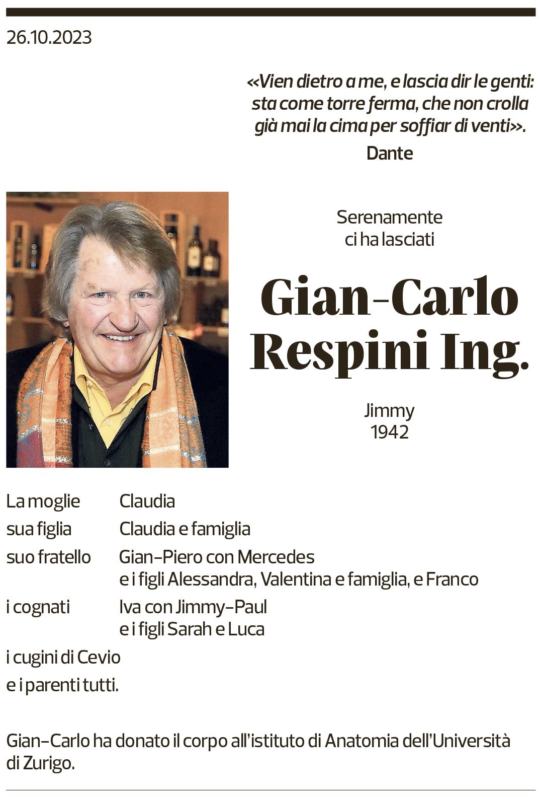 Annuncio funebre Gian-carlo Respini