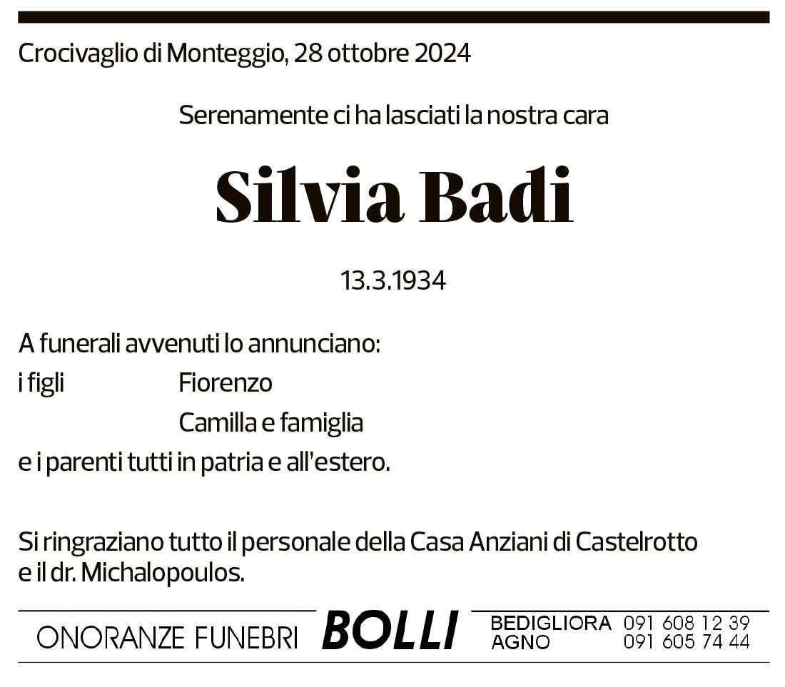 Annuncio funebre Silvia Badi