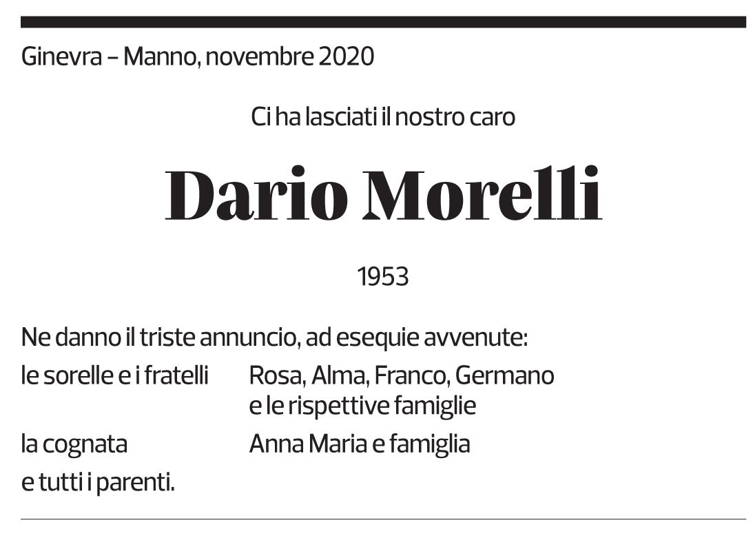 Annuncio funebre Dario Morelli