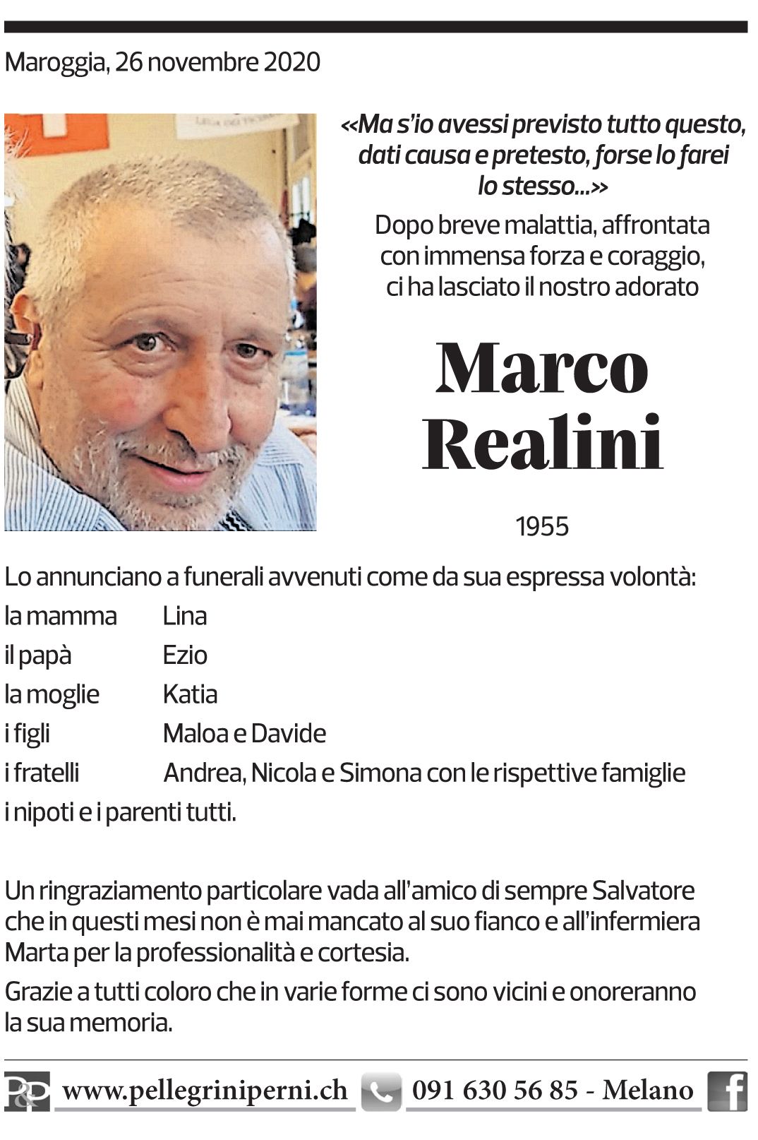 Annuncio funebre Marco Realini