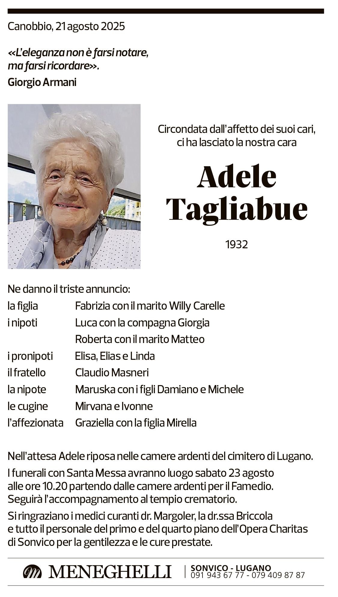 Annuncio funebre Adele Tagliabue