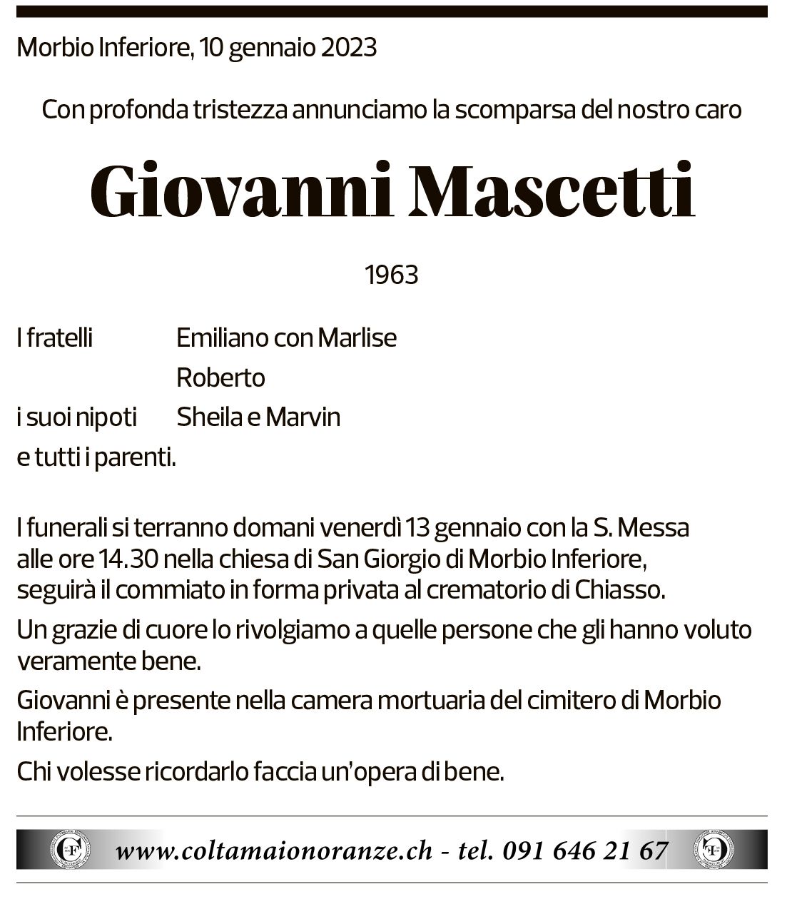 Annuncio funebre Giovanni Mascetti