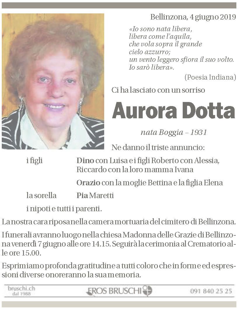 Annuncio funebre Aurora Dotta