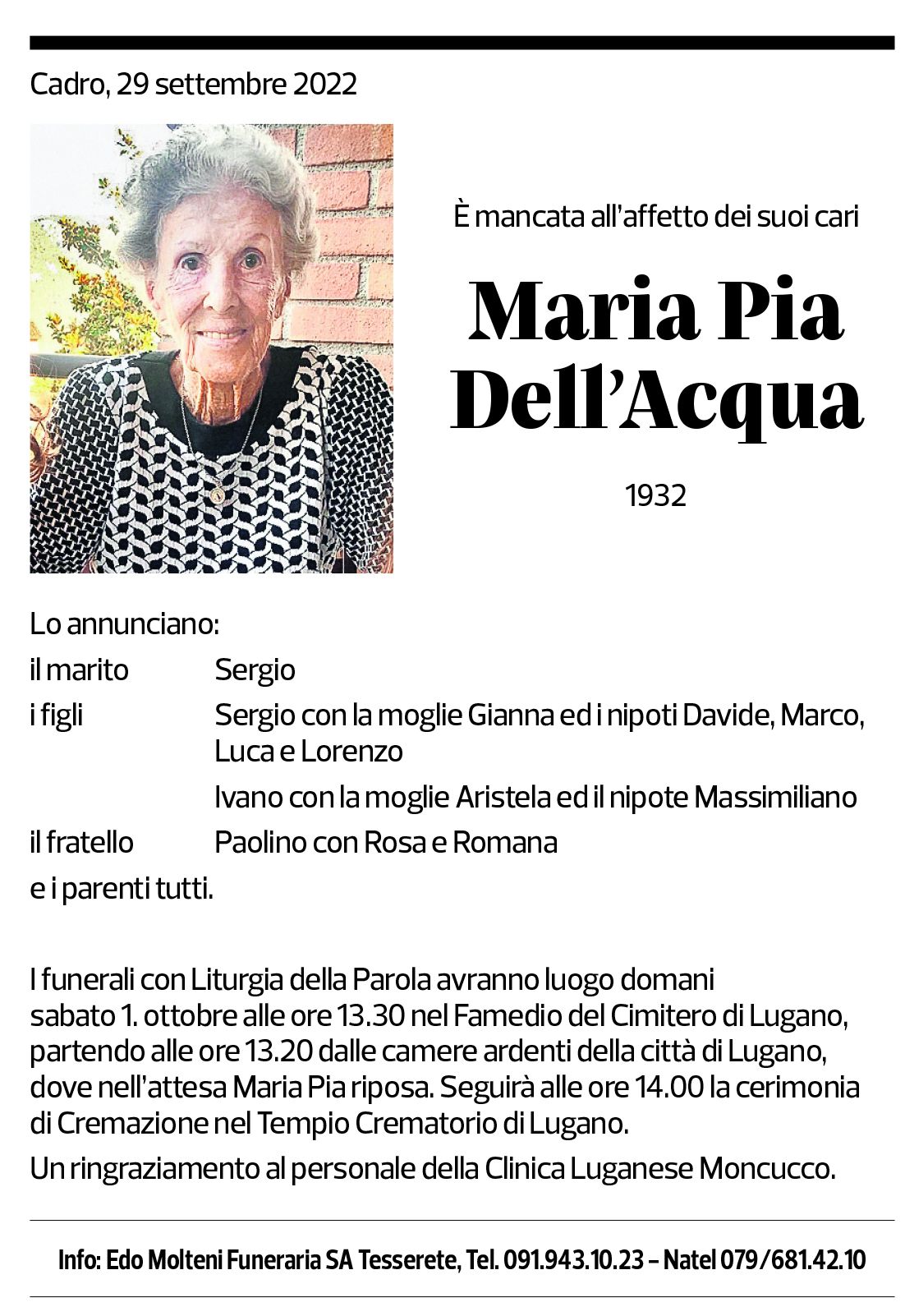 Annuncio funebre Maria Pia Dell'acqua