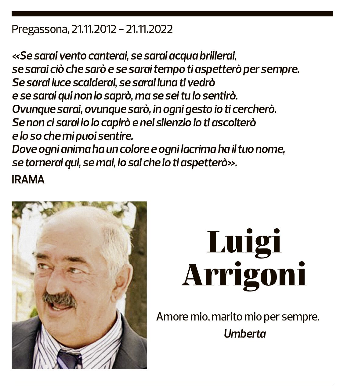 Annuncio funebre Luigi Arrigoni