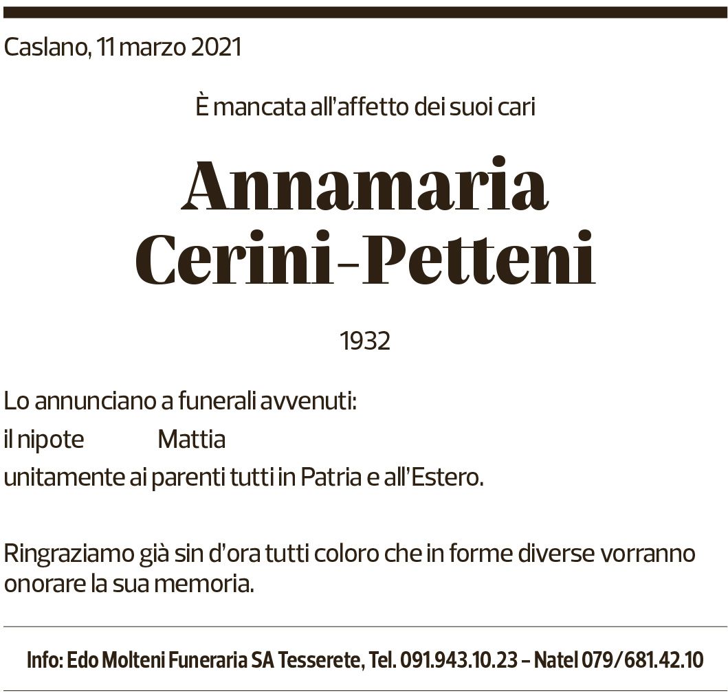 Annuncio funebre Annamaria Cerini-petteni