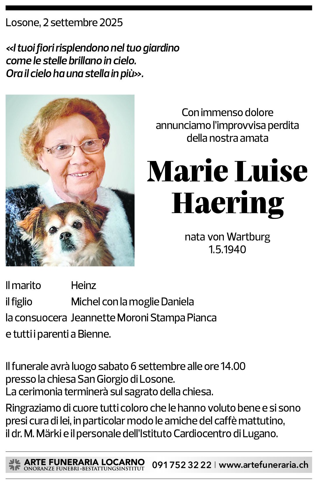 Annuncio funebre Marie Luise Haering