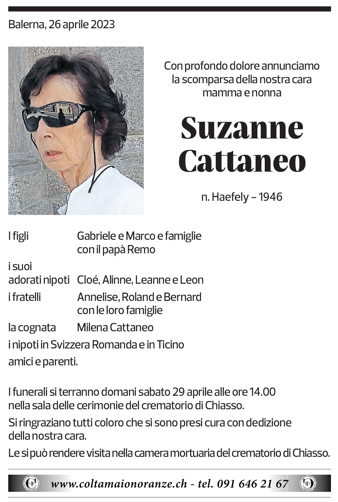 Annuncio funebre Suzanne Cattaneo