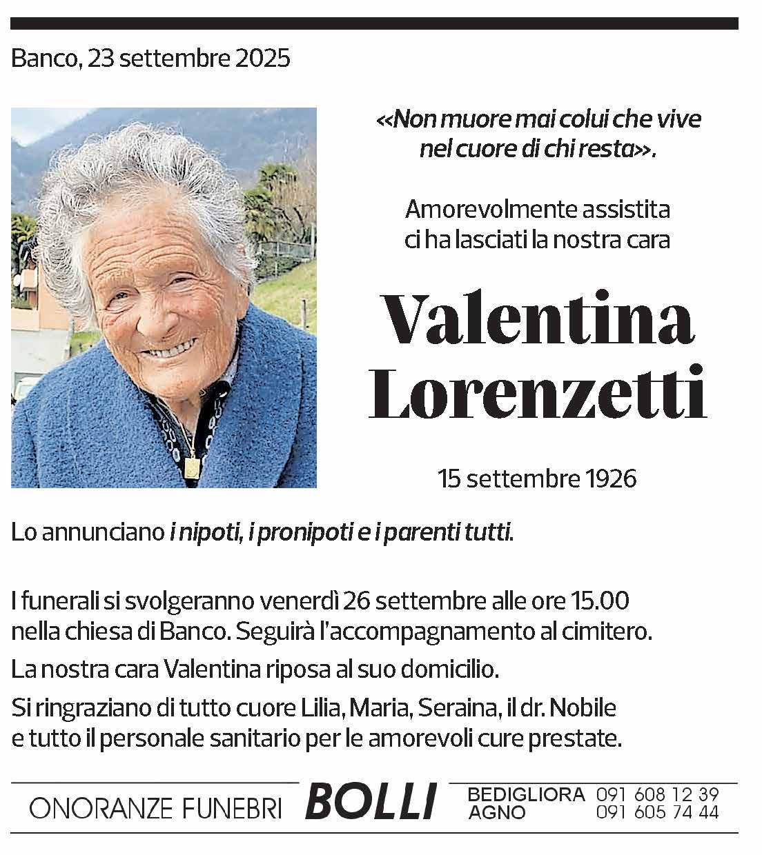 Annuncio funebre Valentina Lorenzetti