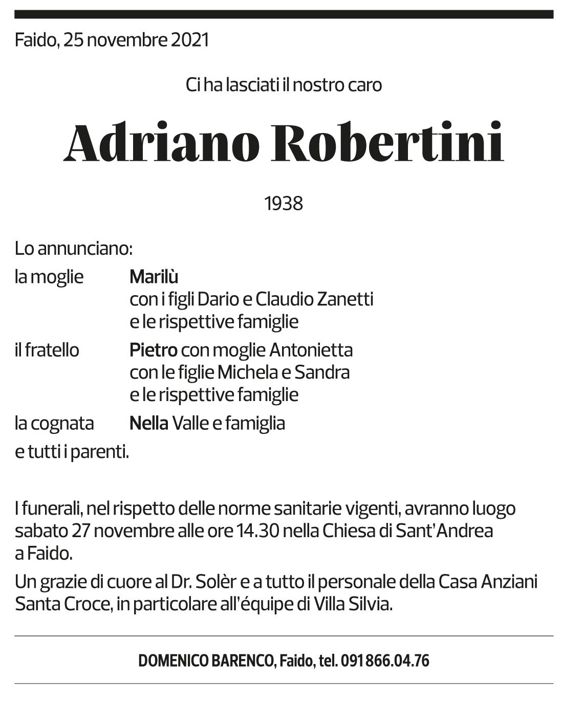 Annuncio funebre Adriano Robertini