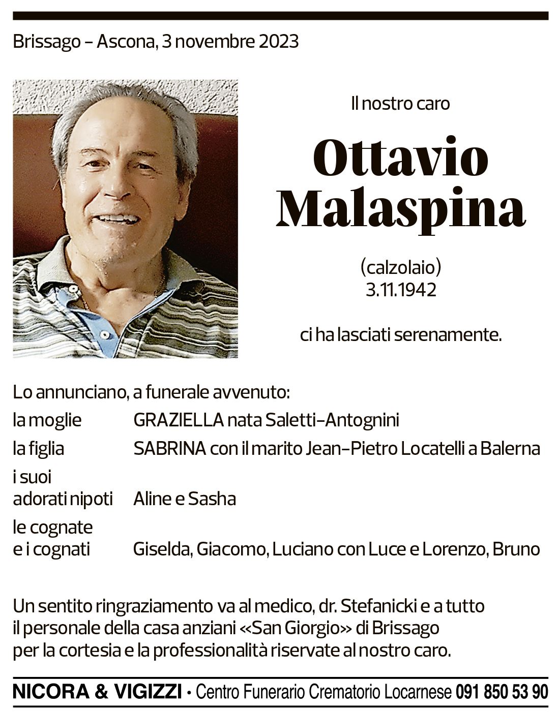 Annuncio funebre Ottavio Malaspina