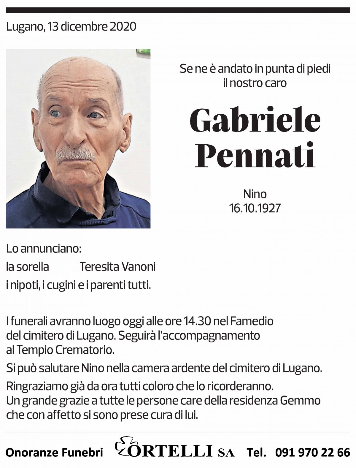 Annuncio funebre Gabriele Pennati