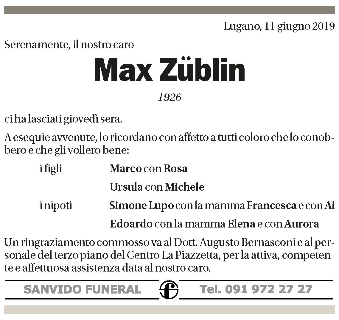 Annuncio funebre Max Züblin