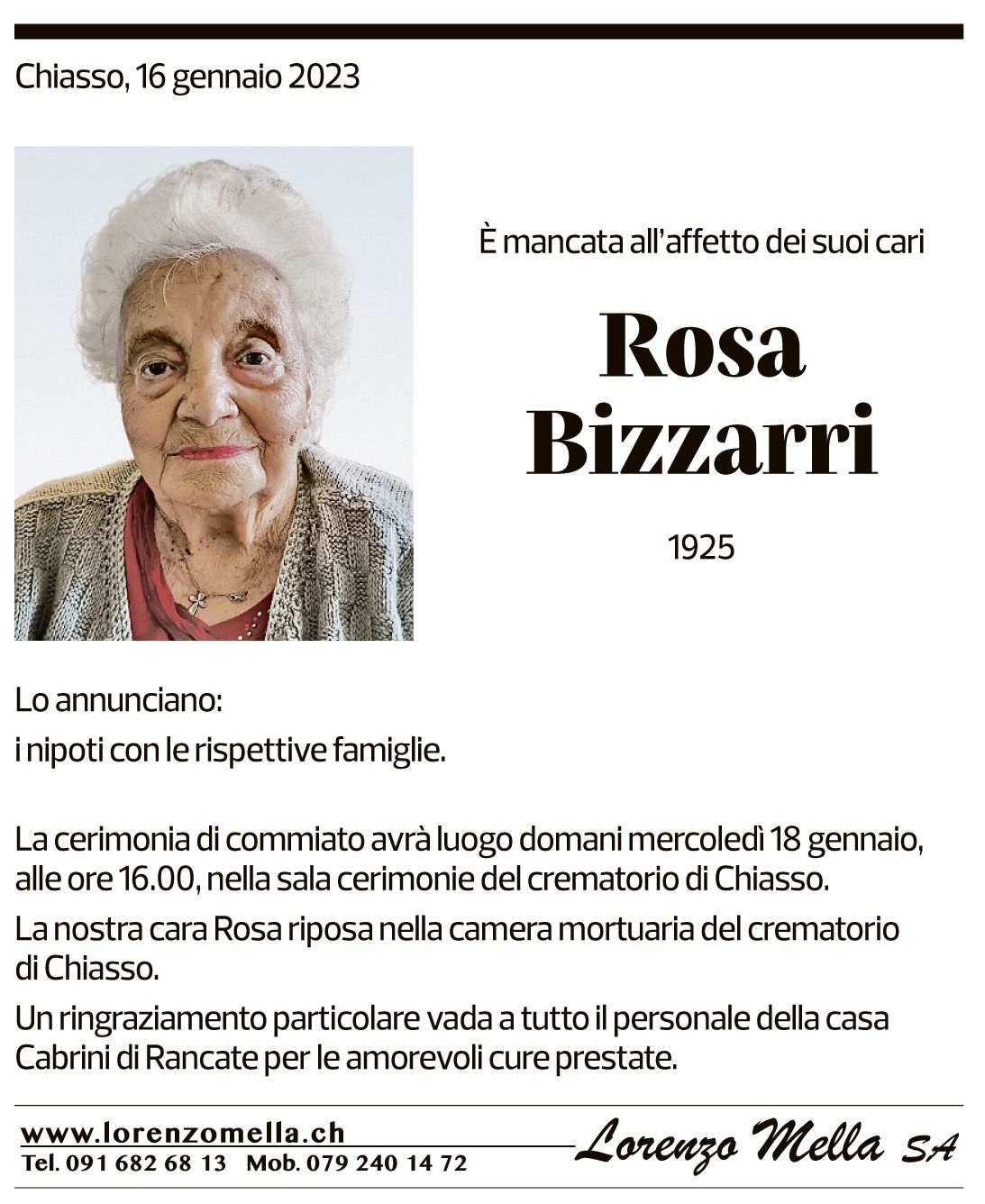 Annuncio funebre Rosa Bizzarri