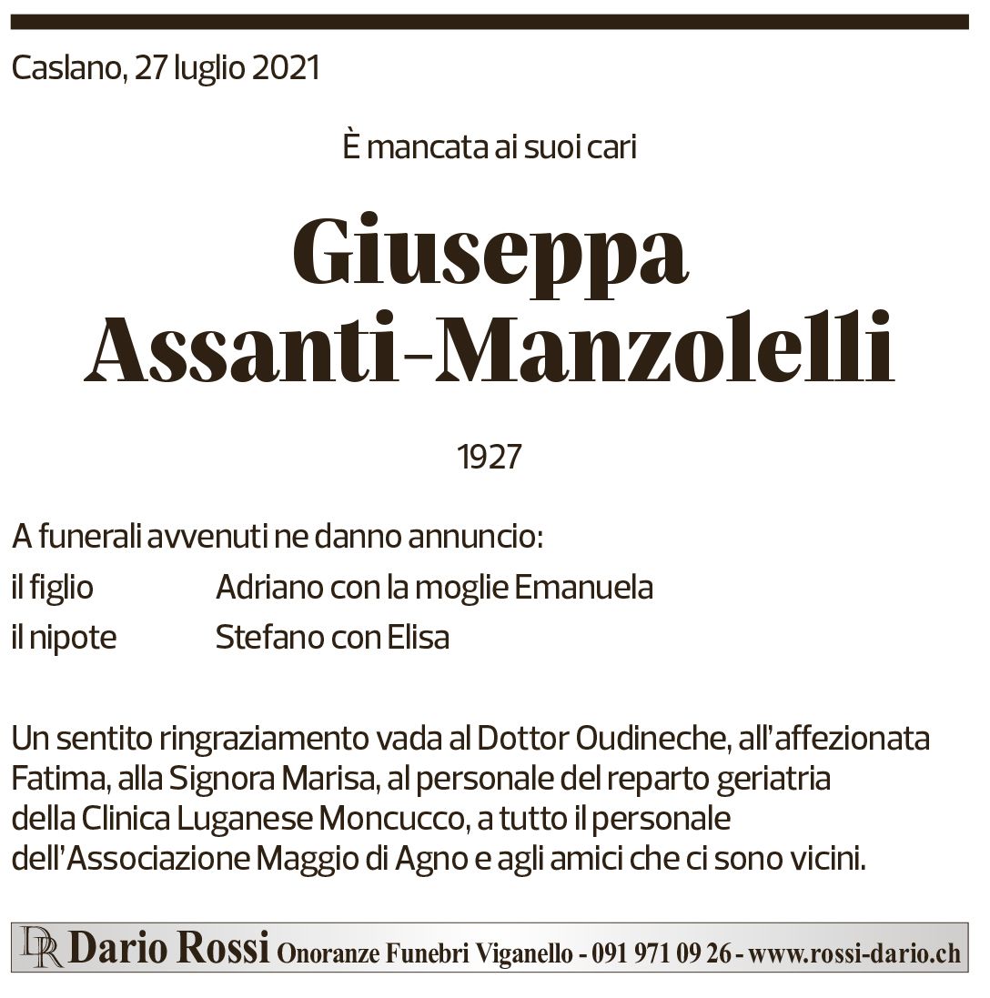 Annuncio funebre Giuseppa Assanti-manzolelli