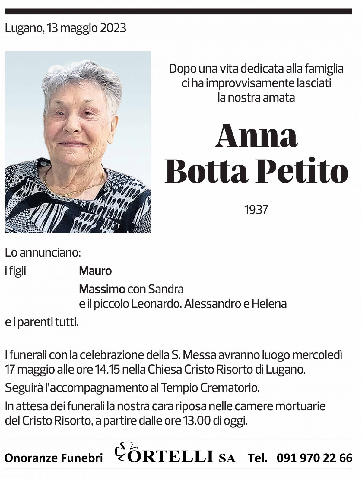 Annuncio funebre Anna Botta Petito