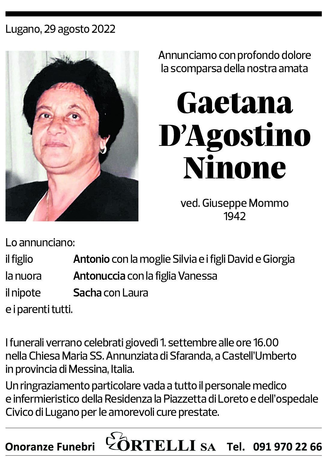 Annuncio funebre Gaetana D'agostino Ninone