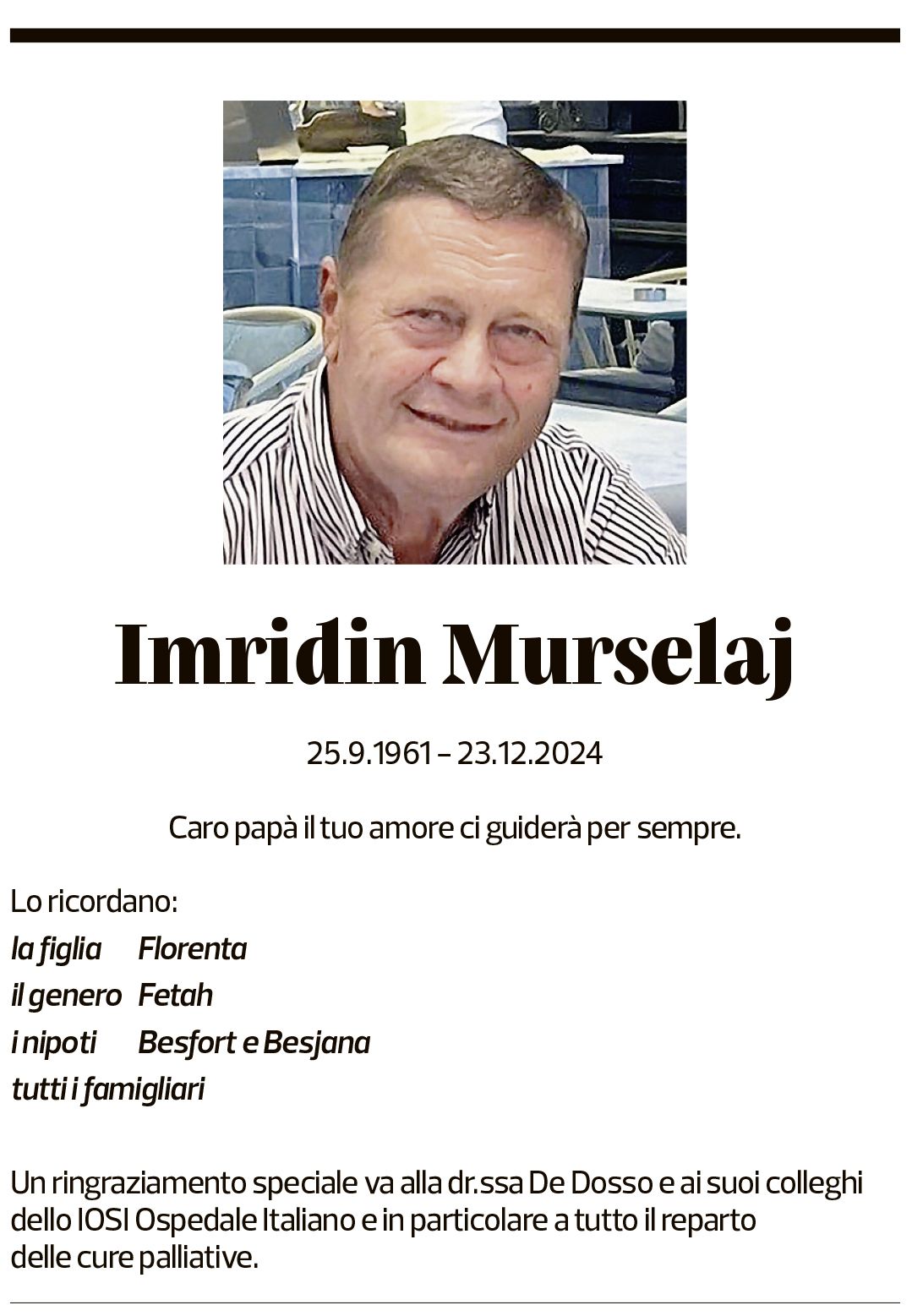 Annuncio funebre Imridin Murselaj