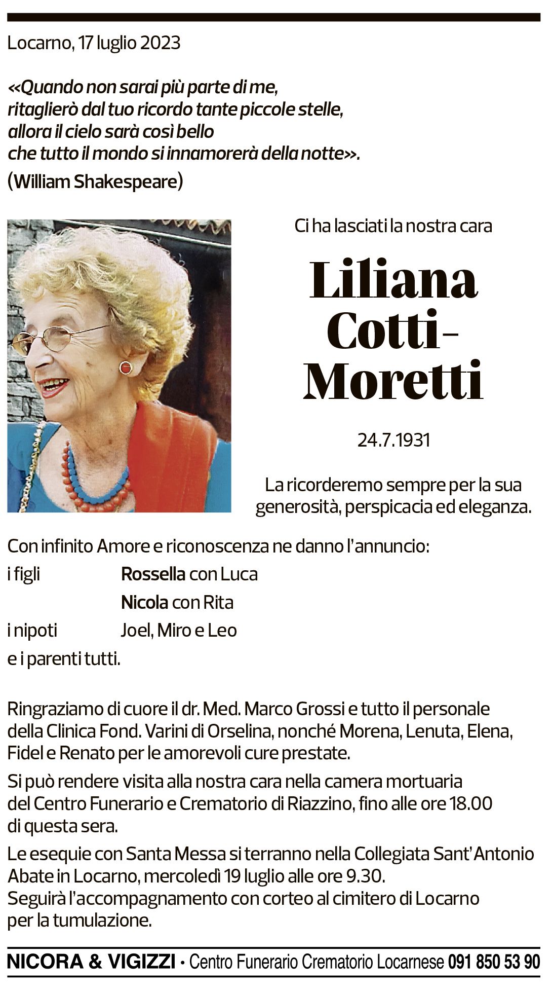 Annuncio funebre Liliana Cotti-moretti