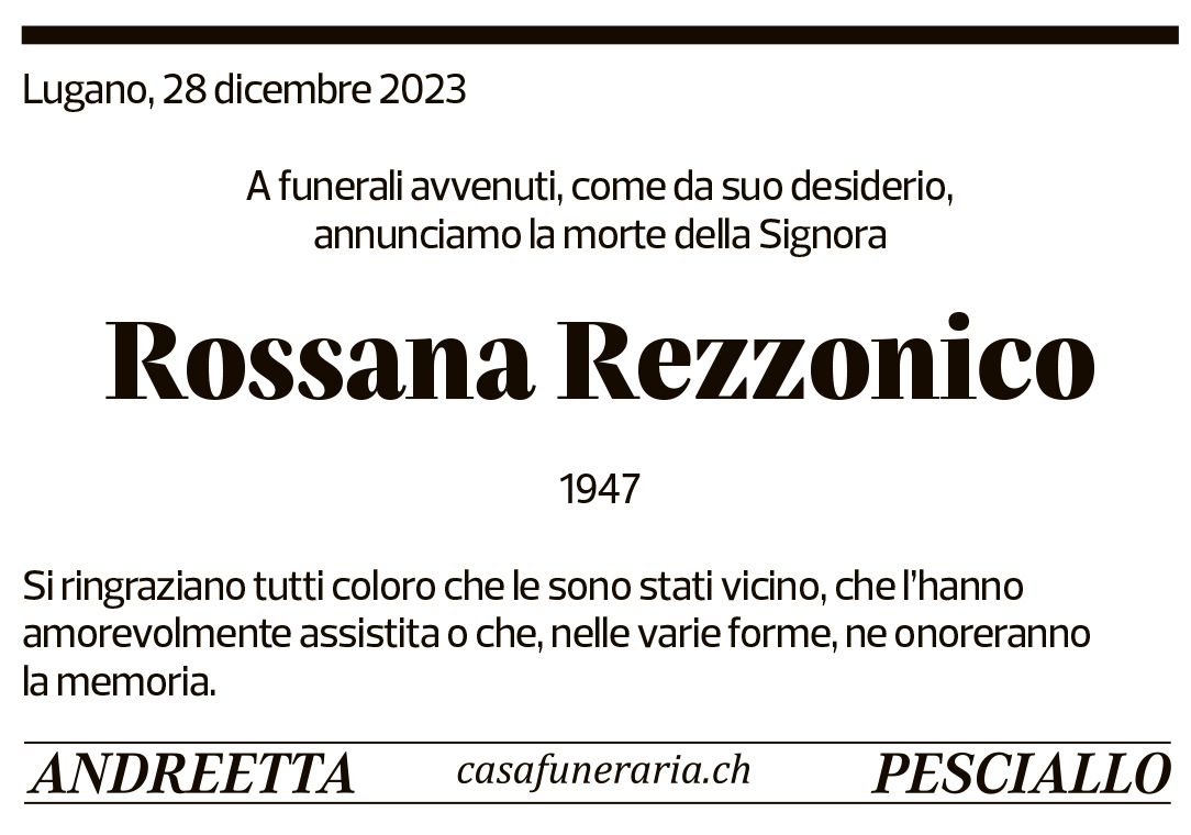 Annuncio funebre Rossana Rezzonico