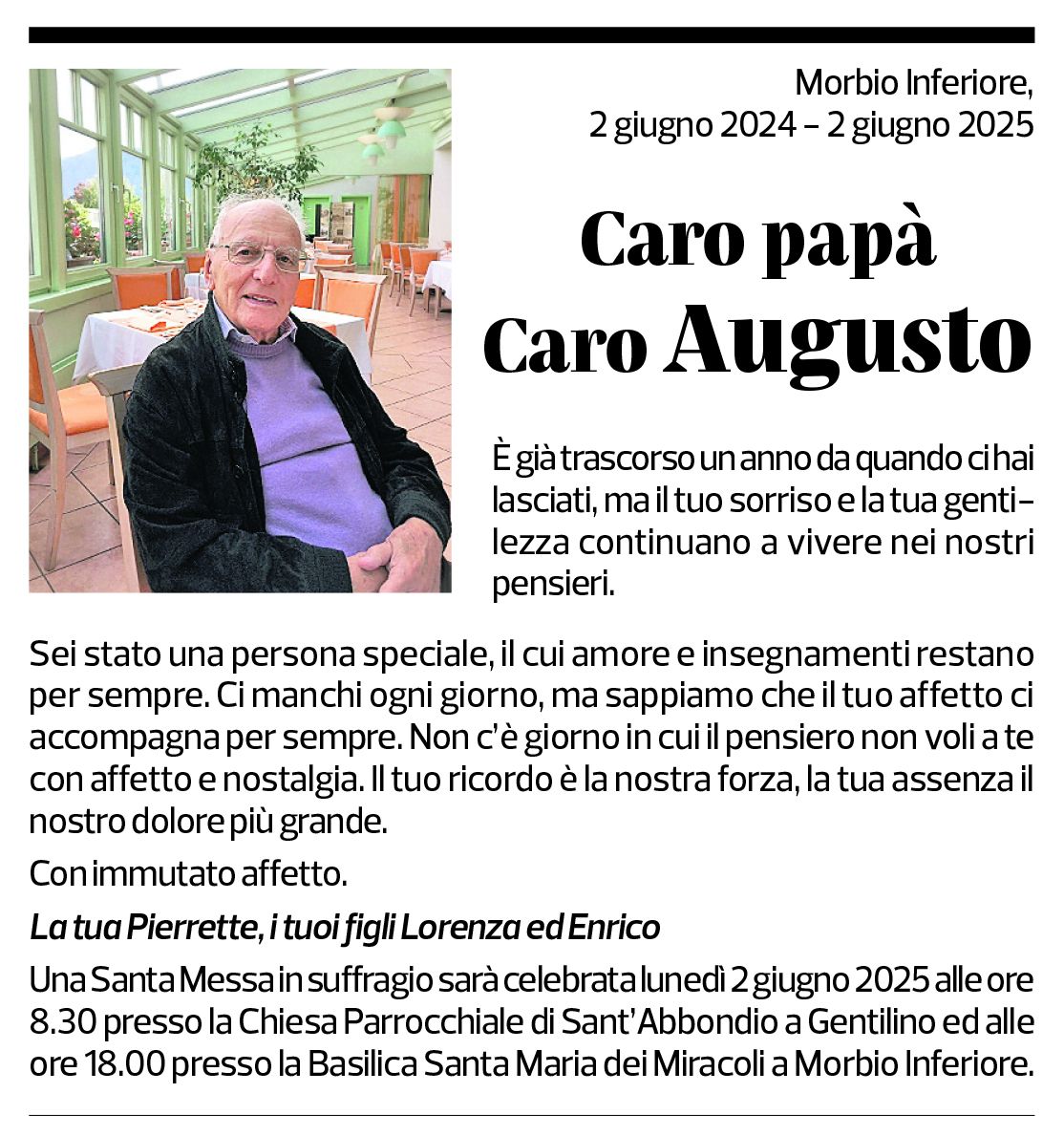Annuncio funebre Augusto Balmelli