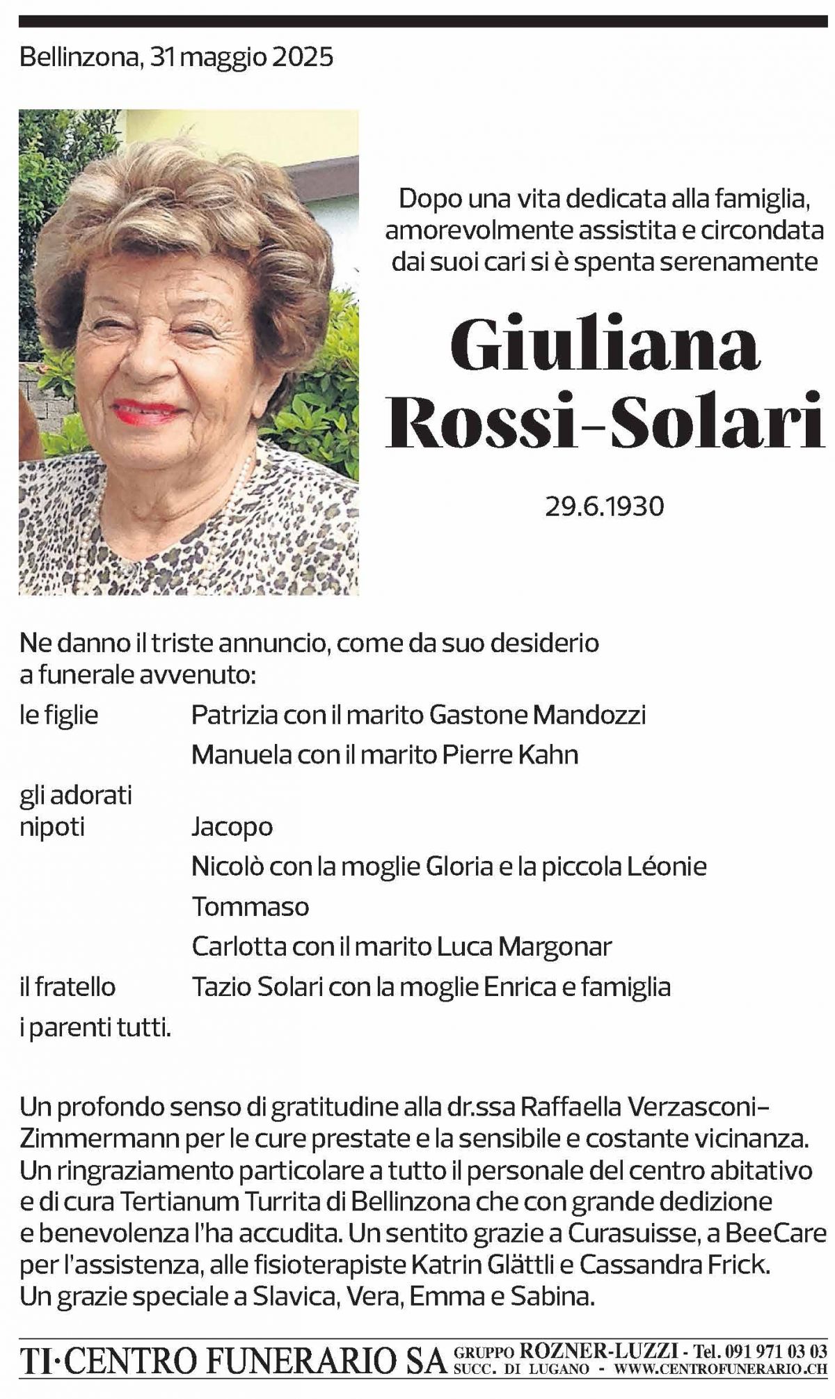 Annuncio funebre Giuliana Rossi-solari