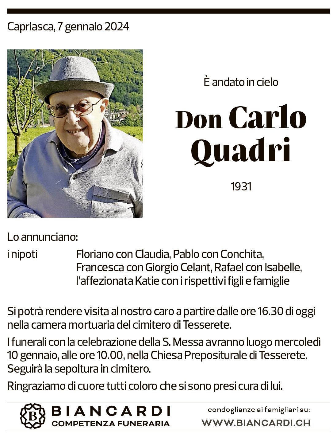 Annuncio funebre Don Carlo Quadri