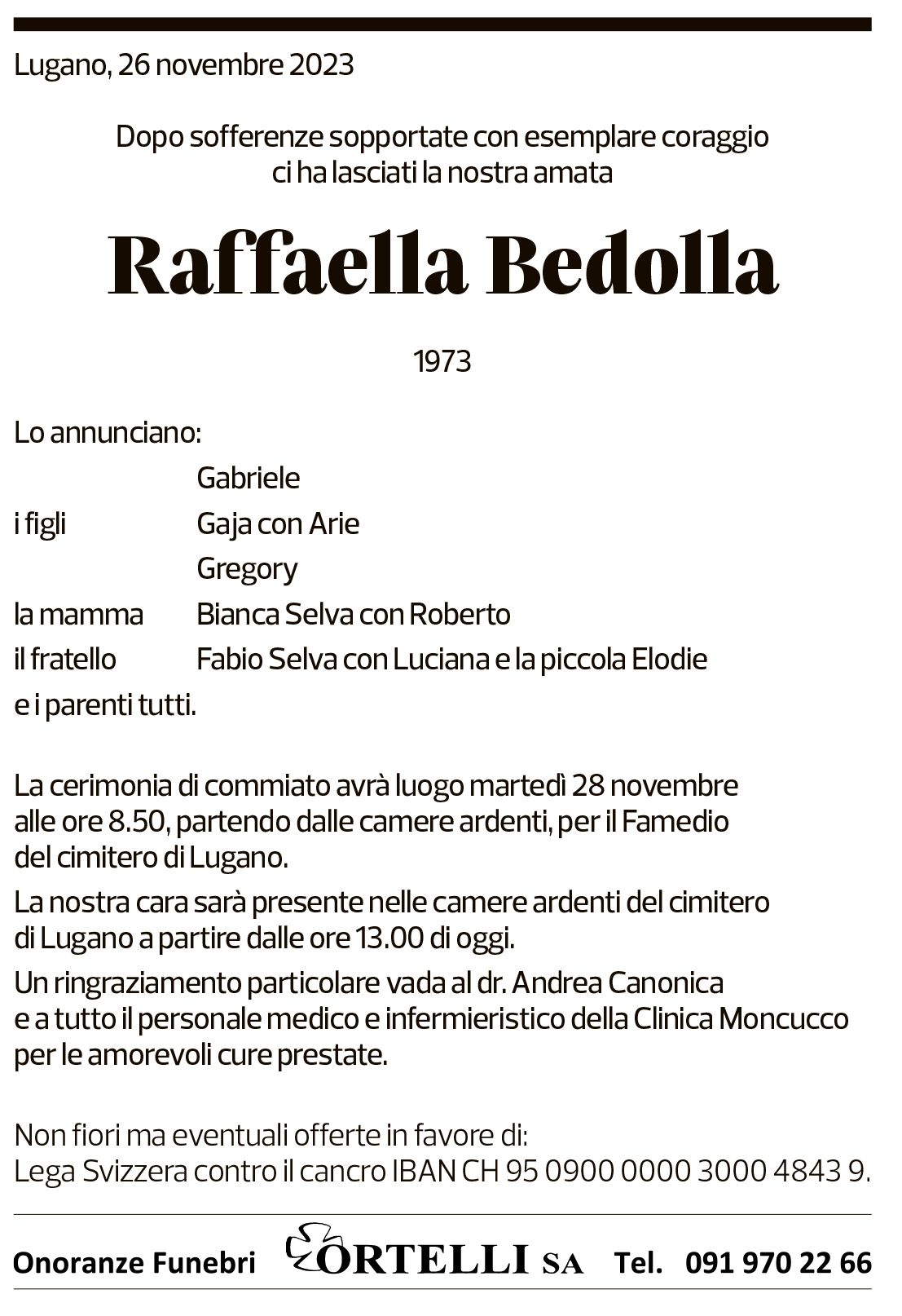 Annuncio funebre Raffaella Bedolla