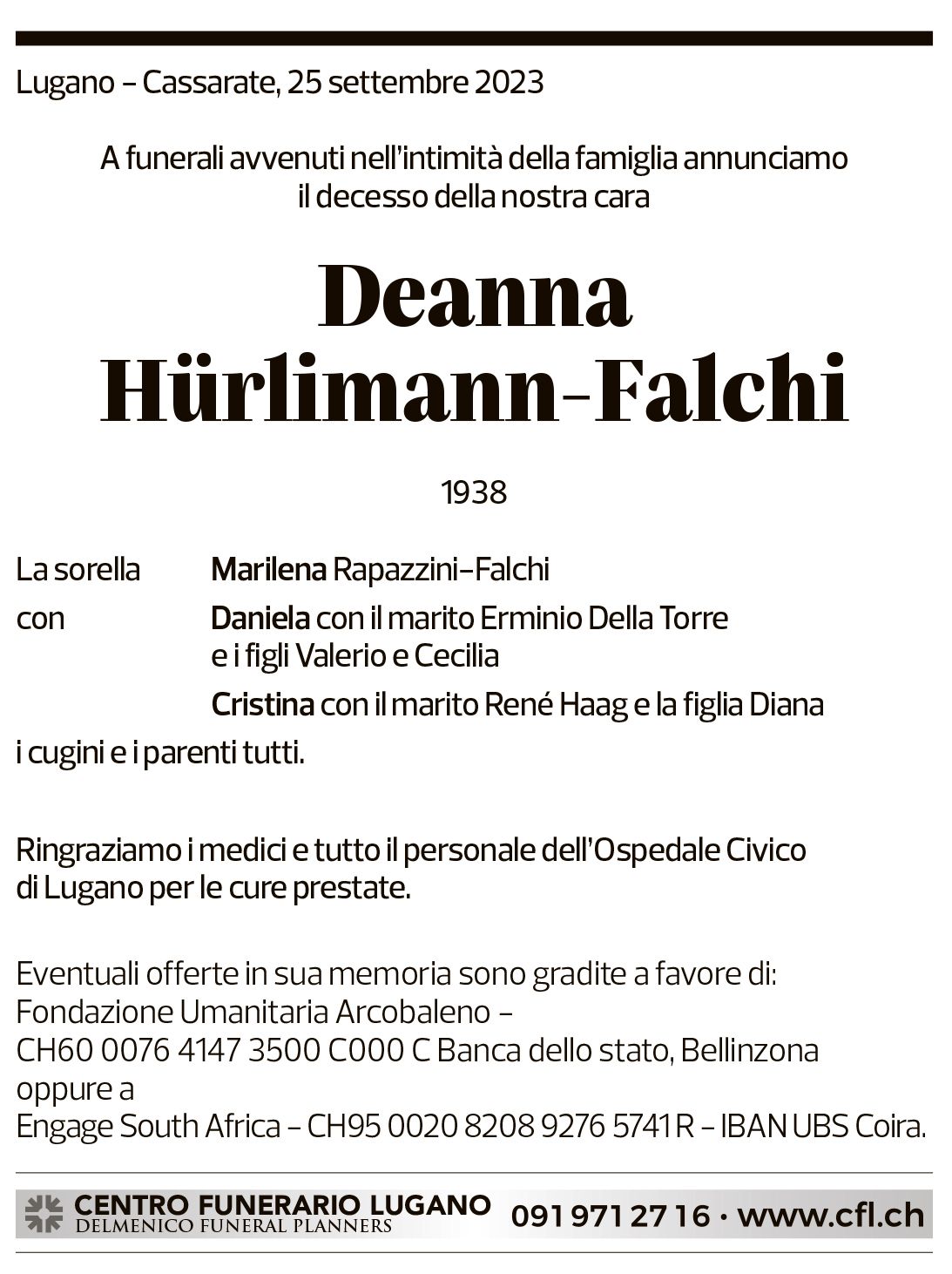 Annuncio funebre Deanna Hürlimann-falchi