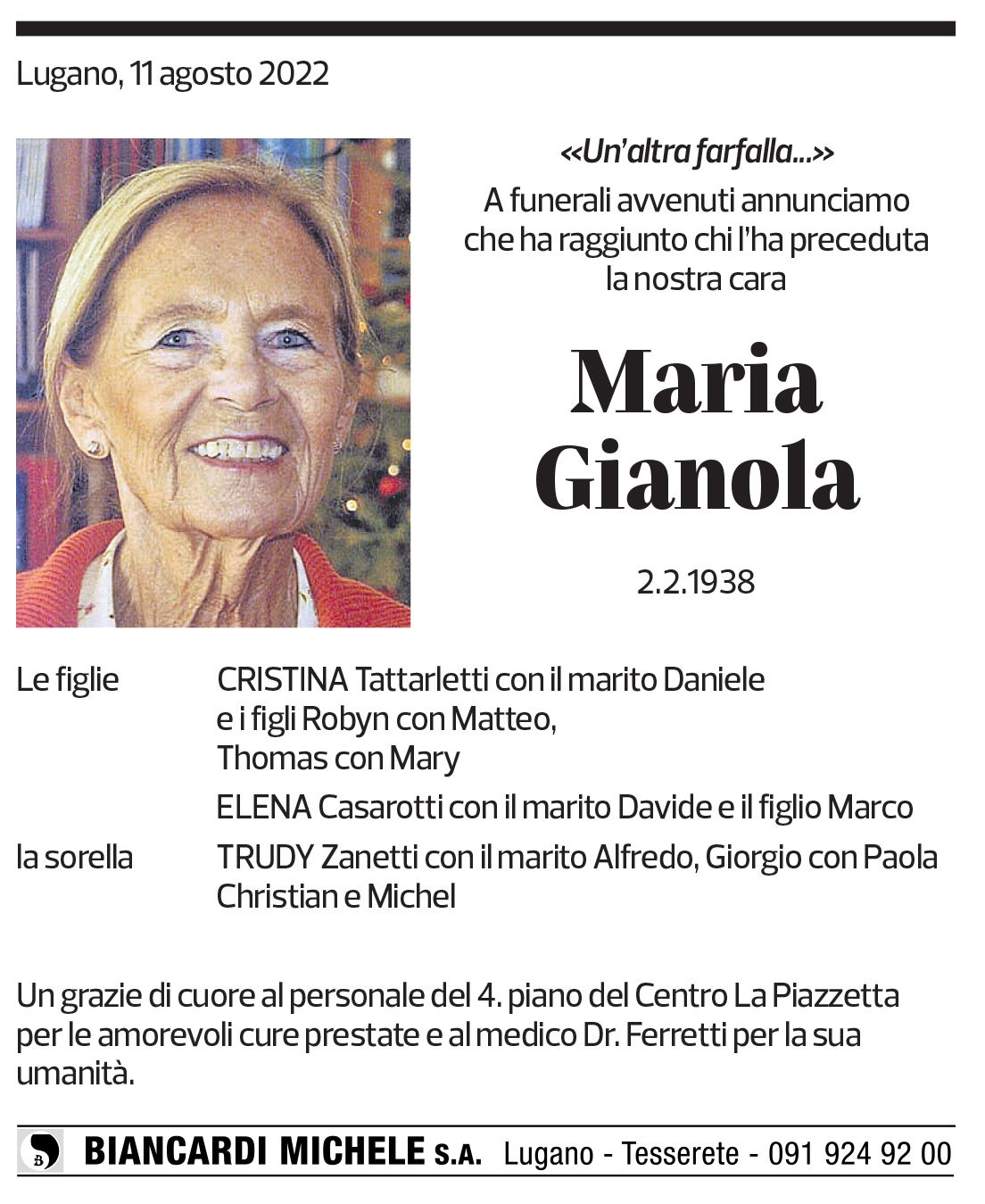 Annuncio funebre Maria Gianola