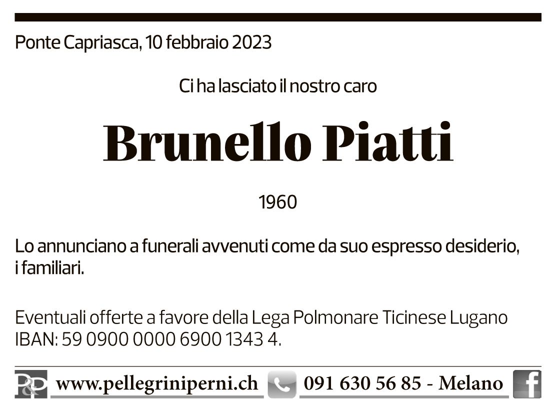 Annuncio funebre Brunello Piatti