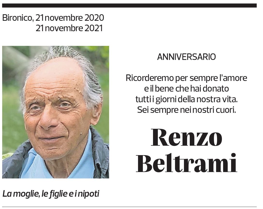 Annuncio funebre Renzo Beltrami