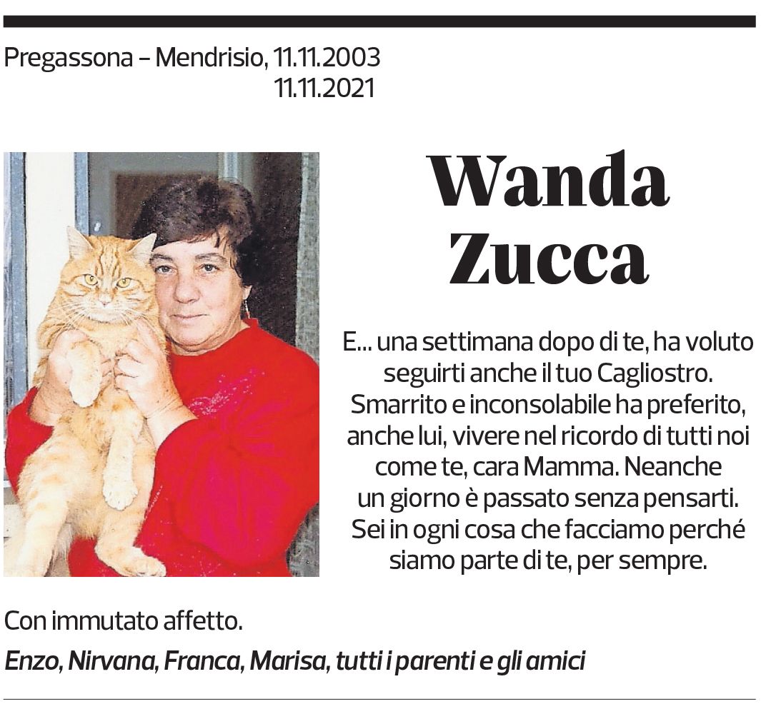 Annuncio funebre Wanda Zucca