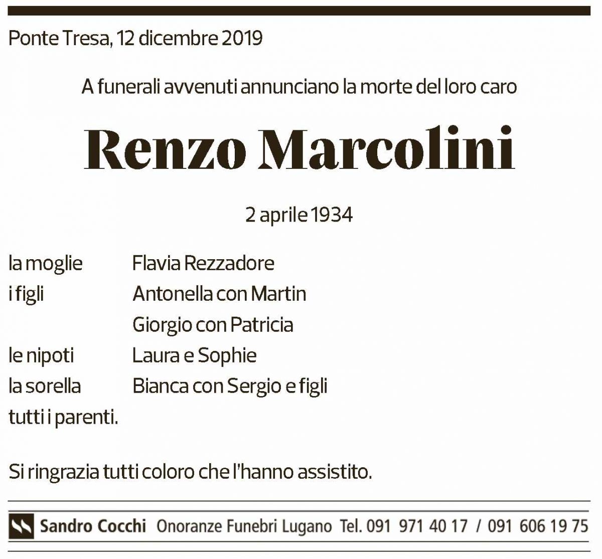 Annuncio funebre Renzo Marcolini