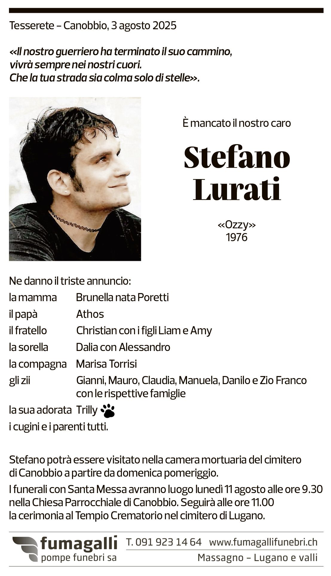 Annuncio funebre Stefano Lurati