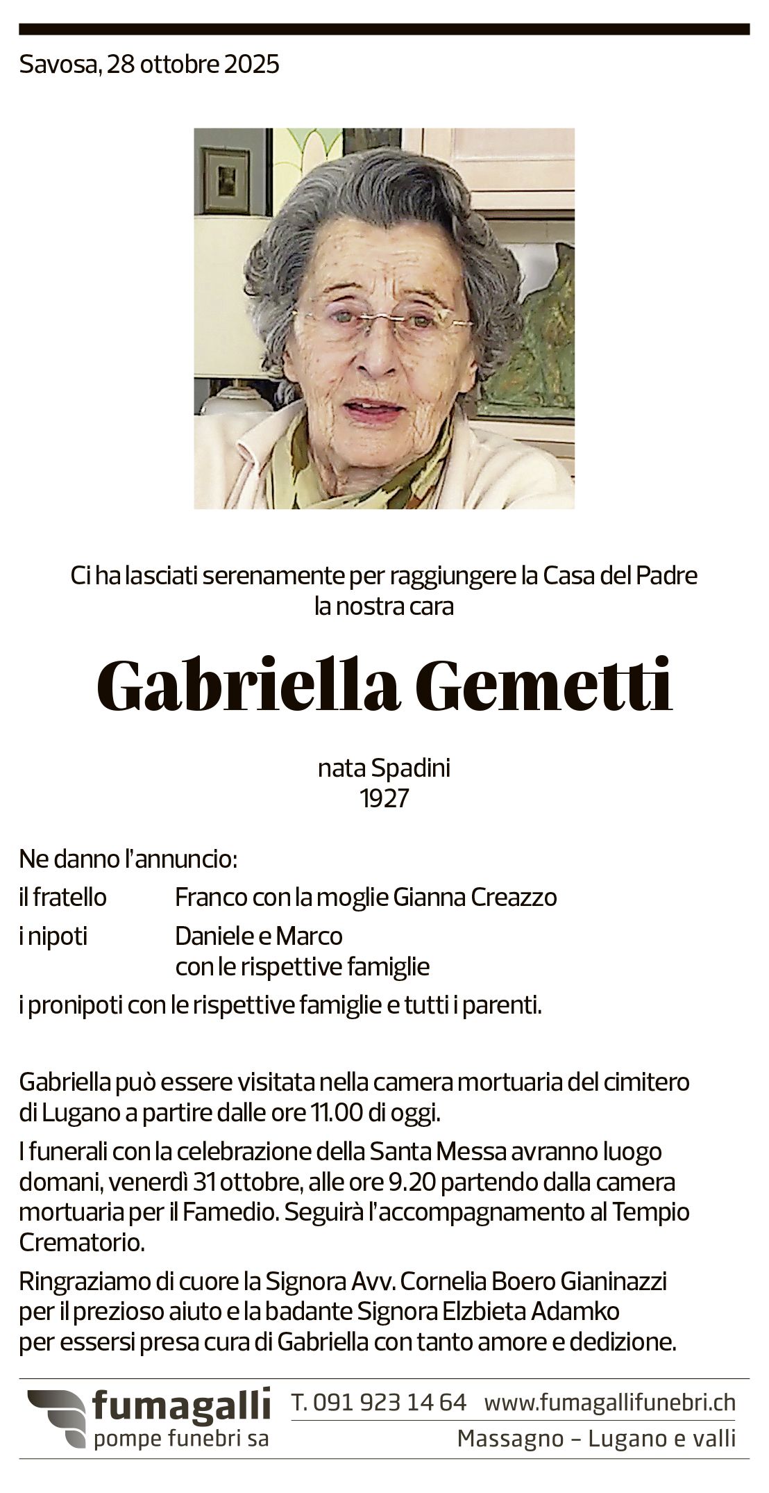 Annuncio funebre Gabriella Gemetti